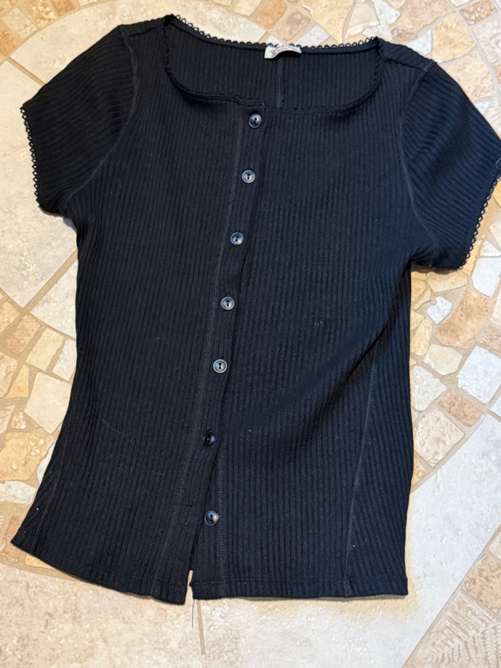 Free People Black Ribbed Button-Front Short Sleeve Top